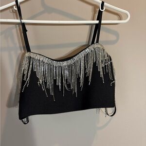 Black Rhinestone Fringe Crop Top